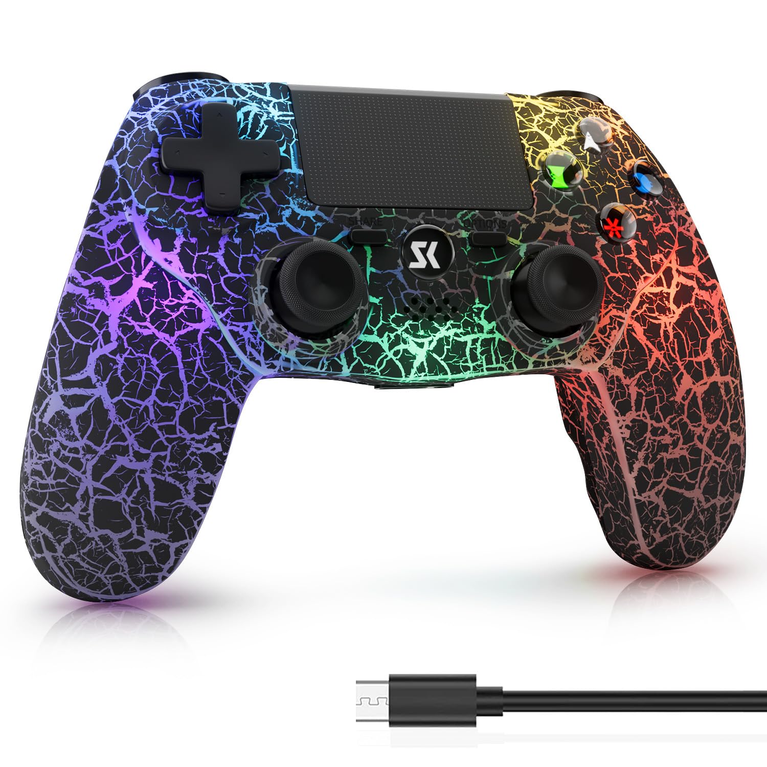 ISHAKO Controller for PS4, Wireless Game Controller for PlayStation 4/Pro/Slim/PC Windows, with 1000mAh Battery, 4-modes RGB Lighting,Double Vibration, 6-Axis Motion Control (Black)