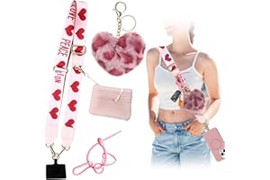 VirgoCCY Clip and Go Phone Strap with Zipper Pouch Crossbody, Adjustable Chain Lanyard Leather Wallet with Cute Furry Charms and Lovely Key Chain Holder for All Phones, Pink