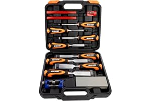 SIIIXS 13pcs Professional Wood Chisel Set, 8pcs Woodworking Chisel Set with 1pcs Honing Guide, 1pcs Sharpening Stone and 2pcs Carpenter Pencils