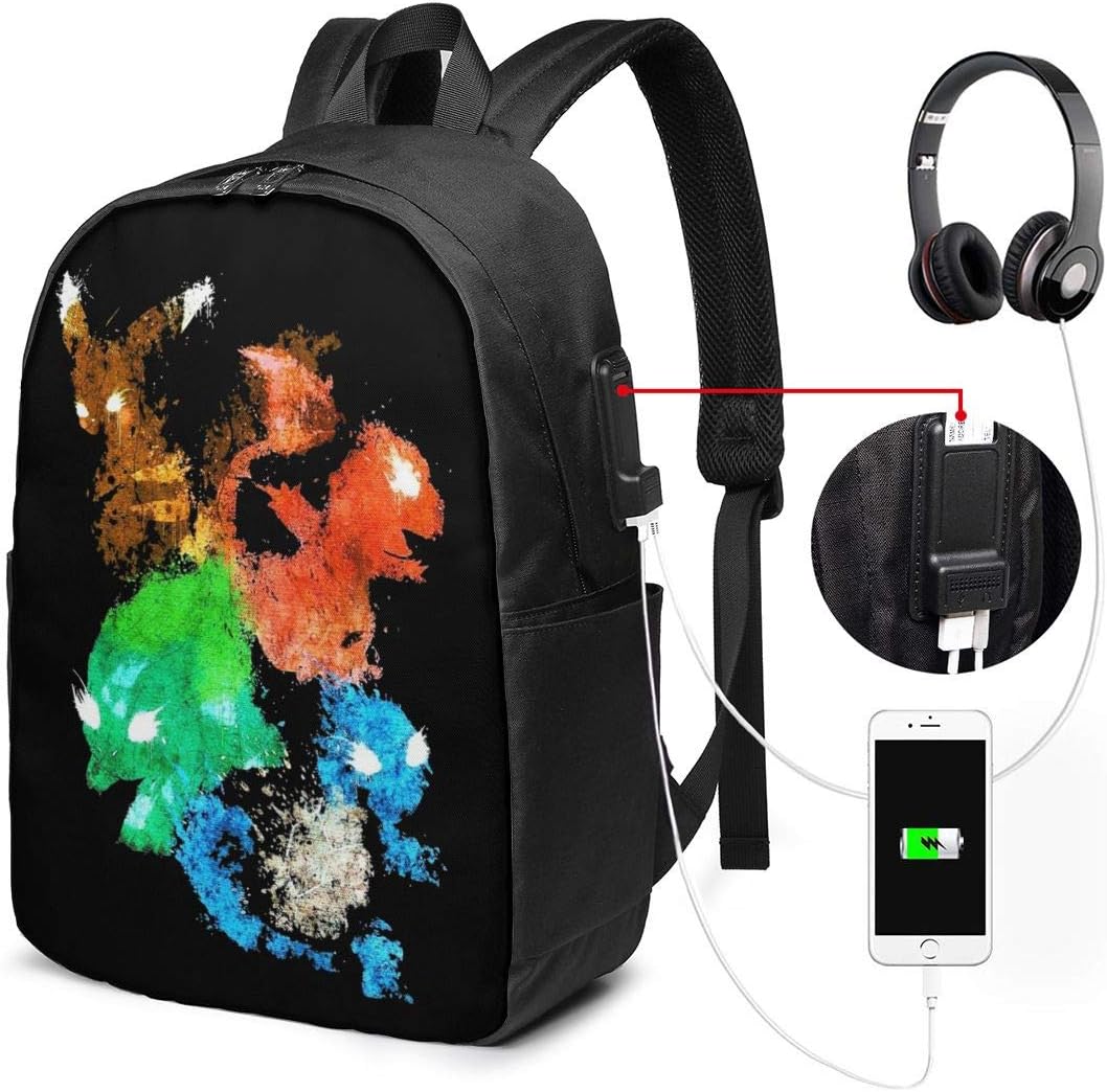 USB Backpack 17" Silhouette Char-meleon Ivysaur Unisex Adults Knapsack For Daily