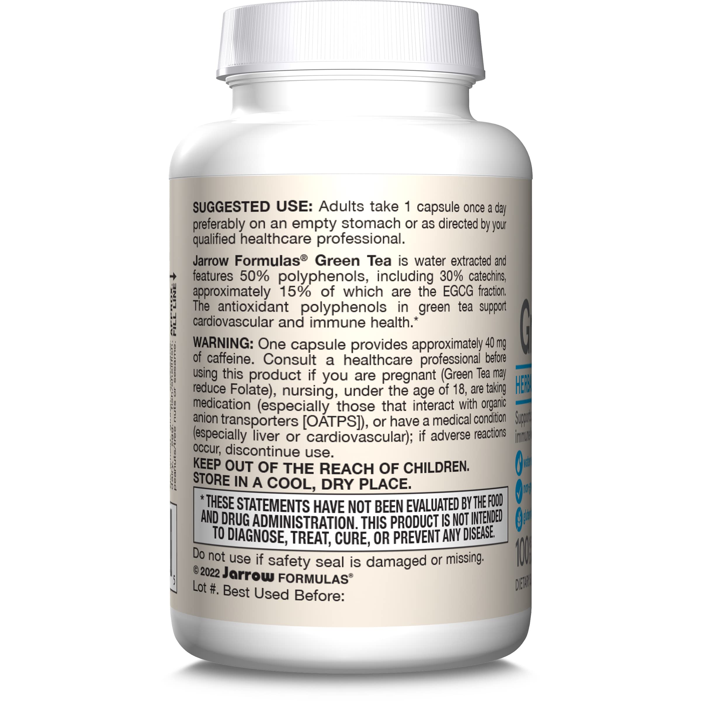 Jarrow Formulas Green Tea Herbal Antioxidant 500 mg, Dietary Supplement, Cardiovascular and Immune Health, 100 Capsules, 100 Day Supply