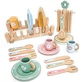 Masonbaby Wooden Play Kitchen Accessories Toys for Toddlers 3+, 22 PCS Kids Play Kitchen with Cute Cutlery Rack&Dish Rack,Play Dishes for Kids Kitchen,Montessori Pretend Birthday Gifts for Girls Boys