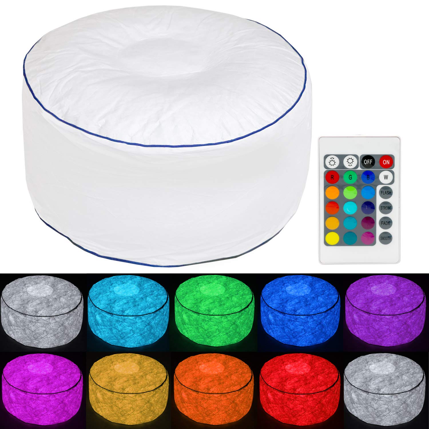 TRONJE Inflatable LED Seat Ø60cm - Party Chair with 18 LEDs Colour Change - Puff up to 120kg - Outdoor Indoor Foot Stool Footrest White Round