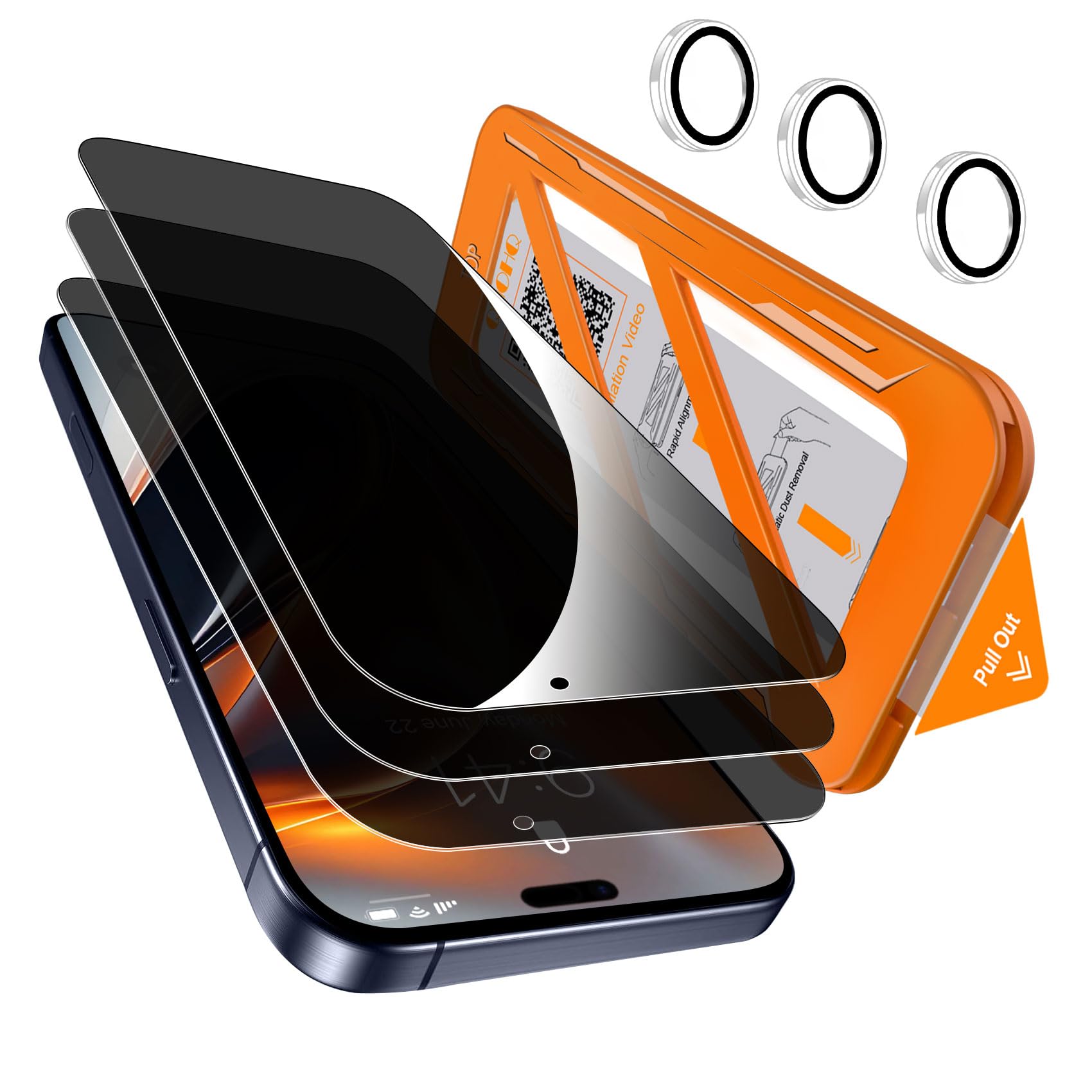 Photo 1 of [1-Second Auto-Install] QHOHQ 3 Pack Privacy Screen Protector for iPhone 17 Pro [6.3 Inch] + 1 Set Camera Lens Protector, 25° Anti Spy Tempered Glass, [12FT Military Grade Shatterproof], Case Friendly