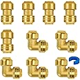 SUNGATOR Push Fittings 1/2 Inch, Straight Coupling (5 PCS), 90 Degree Elbow (5 PCS), No Lead Brass Plumbing Fittings for Pex Pipe, Copper, CPVC, with 1 Disconnect Clip, Pack of 10