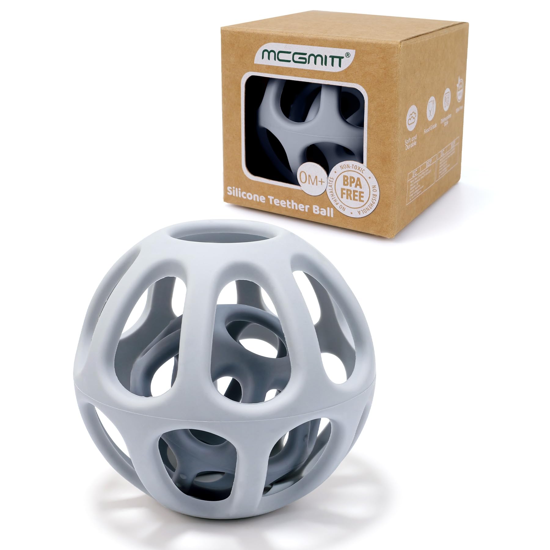MCGMITT Teething Toys for Babies, 2-in-1 Teething Ball, Silicone Teether for Infants 0-6 Months, Sensory Chew Toy for Baby Boys & Girls Teething Relief, Toddler Baby Shower Toy - Grey