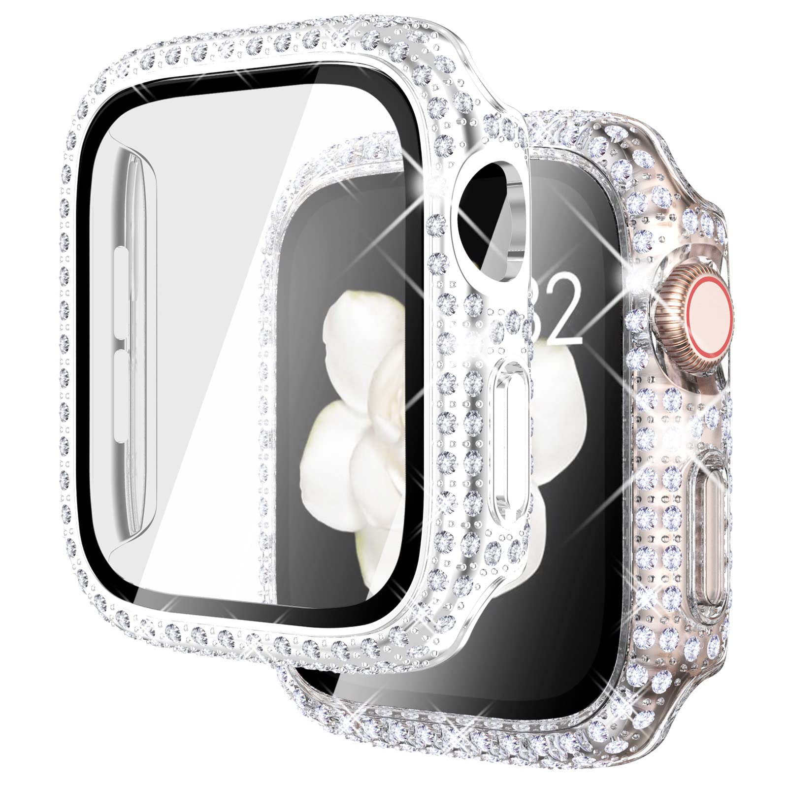 Fullife 2 Pack Bling Screen Protector 45mm Compatible for Apple Watch Series 9/8/7,iWatch Diamond Protective Case with Hard PC Tempered Glass Bumper Face Cover(Silver/Clear)