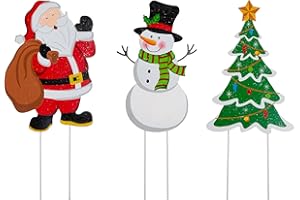 glitzhome Metal Christmas Santa Snowman Tree Stake 3 Pack Outdoor Yard Holiday Décor, 24" H, Multicolor