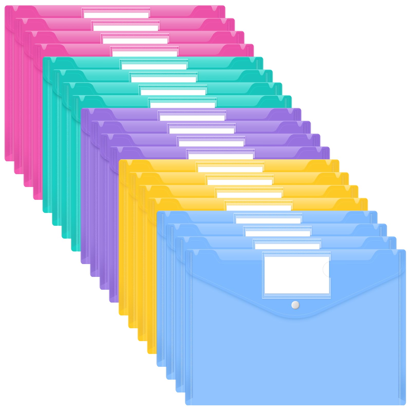 Smarpau Plastic Wallets A4-20 Pack Plastic Folders Document File Folder A4 Popper Wallet with Label Pocket and Button Closure for School, Home, Office, Travel (5 Colors)