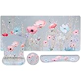 MOSISO Desk Mat Keyboard Mouse Pad Set, Large Gaming Mouse Pad&Keyboard Wrist Rest&Mousepad with Wrist Rest&Coaster, Ink Wildflower Ergonomic Non-Slip Cushion with Memory Foam for Home Office, Gray