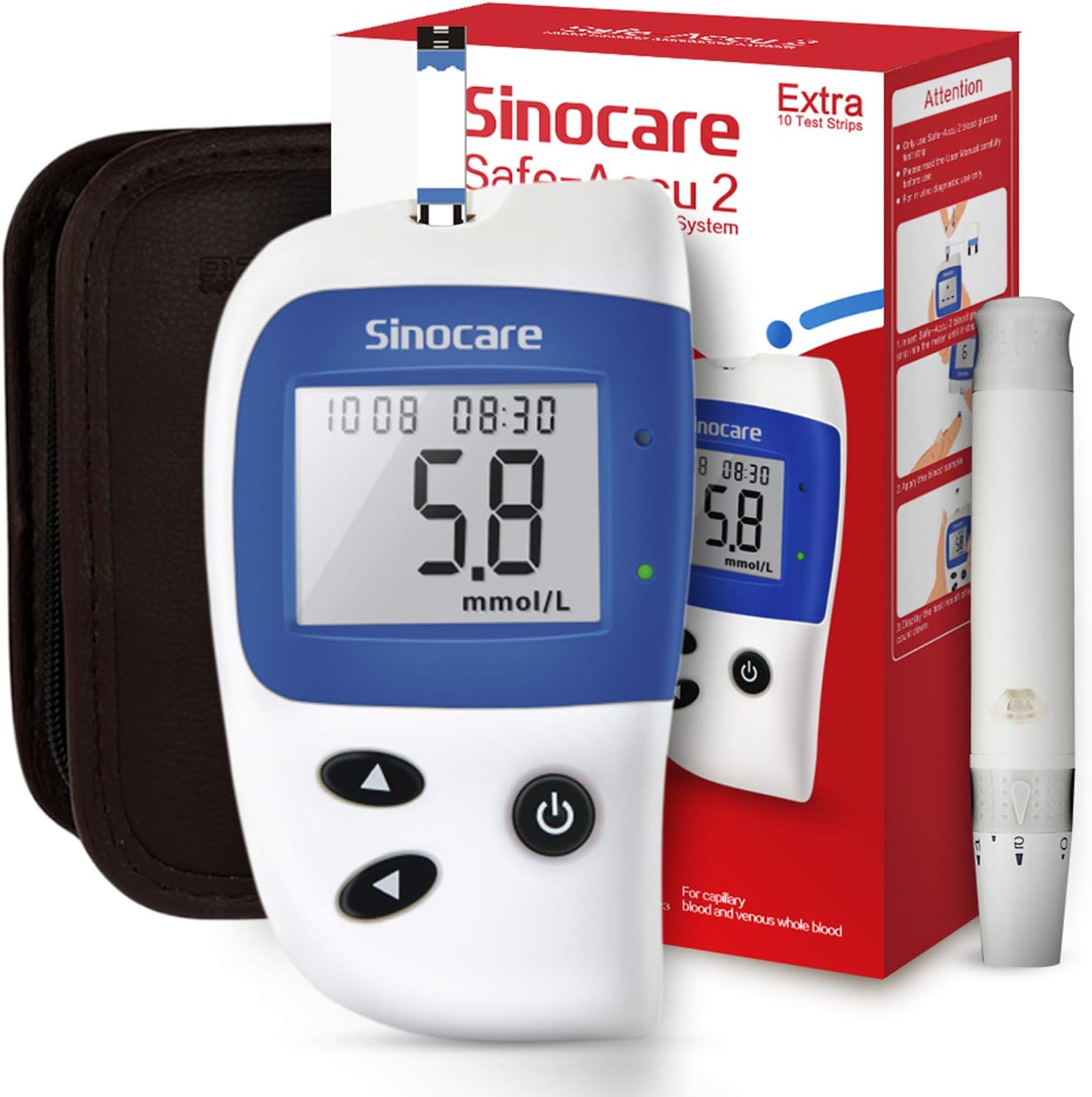 sinocare Diabetes Test Kit, Blood Glucose Monitor, Safe-Accu2 Blood Sugar Testing Kit with Strips x 10 in mmol/L