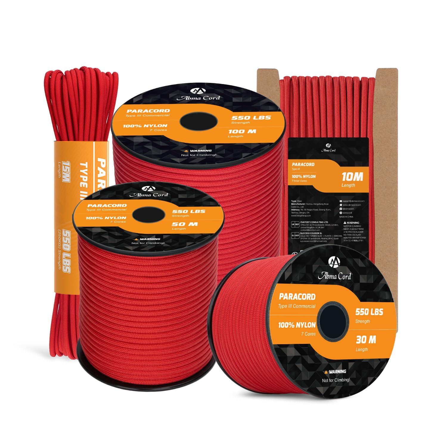 Abma Cord Paracord 550 4mm 30m 100% Nylon Rope Type III 7 Strands Parachute Cord for DIY, Camping, Survival, Outdoor - Max. 250kg - Red