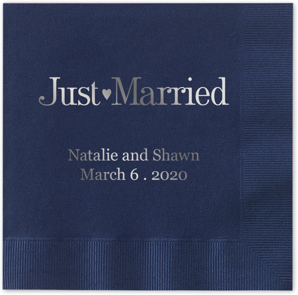 Just Married Personalized Cocktail Napkins / 100 Navy Blue Paper 4 ¾” x 4 ¾” Beverage Napkins With Choice Of Foil