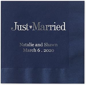 Just Married Personalized Cocktail Napkins / 100 Navy Blue Paper 4 ¾” x 4 ¾” Beverage Napkins With Choice Of Foil