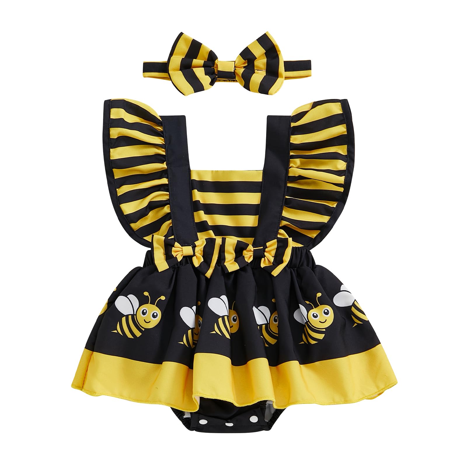 Photo 1 of Newborn Baby Girl Summer Clothes Ruffle Fly Sleeve Romper Dress Onesie with Headband Toddler Infant Outfit (A Yellow Bee, 3-6 Months)
