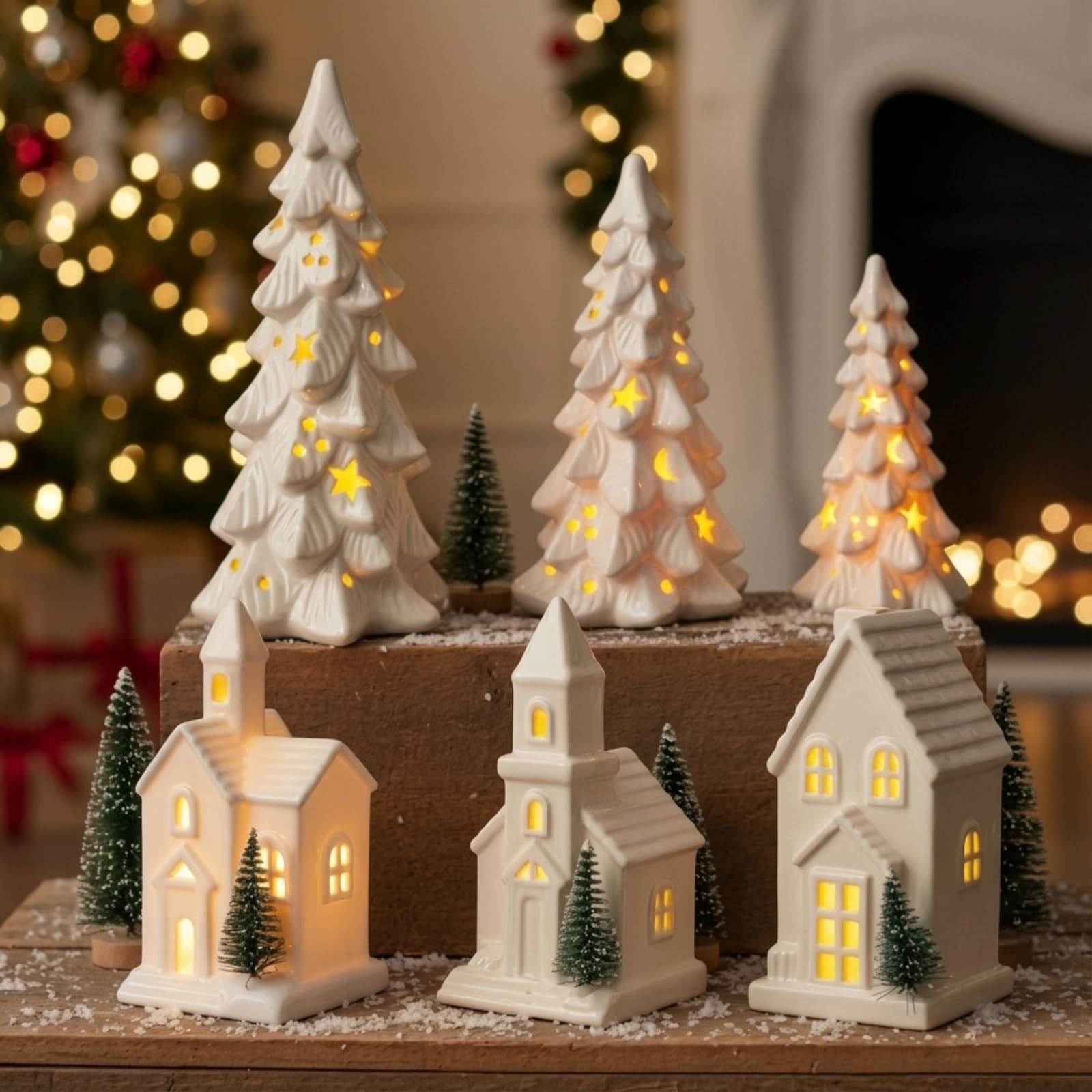 Photo 1 of **ONLY 2 PIECES***Nuogo 6 Pcs Light Up Ceramic Christmas Trees and Village Sets Ceramic White Christmas Trees with LED Lights Glitter Snow Porcelain Village Houses for Xmas Party Winter Holiday Table Decorations