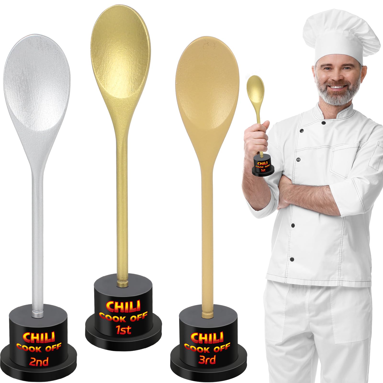 Photo 1 of Tkifoda Chili Cook Off Trophies Award Set Golden Spoon Award Trophies Set Chili Cook Off Spoon Prizes with Wooden Trophy Base for 1st 2nd 3rd Prizes Baking Contest Food Competition