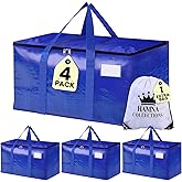 4 Pack Extra Large Moving Bags with Strong Zipper & Handles - Heavy Duty Clothes Storage Tote Bins - Moving Boxes for Space Saving, College Supplies with Drawstring bag