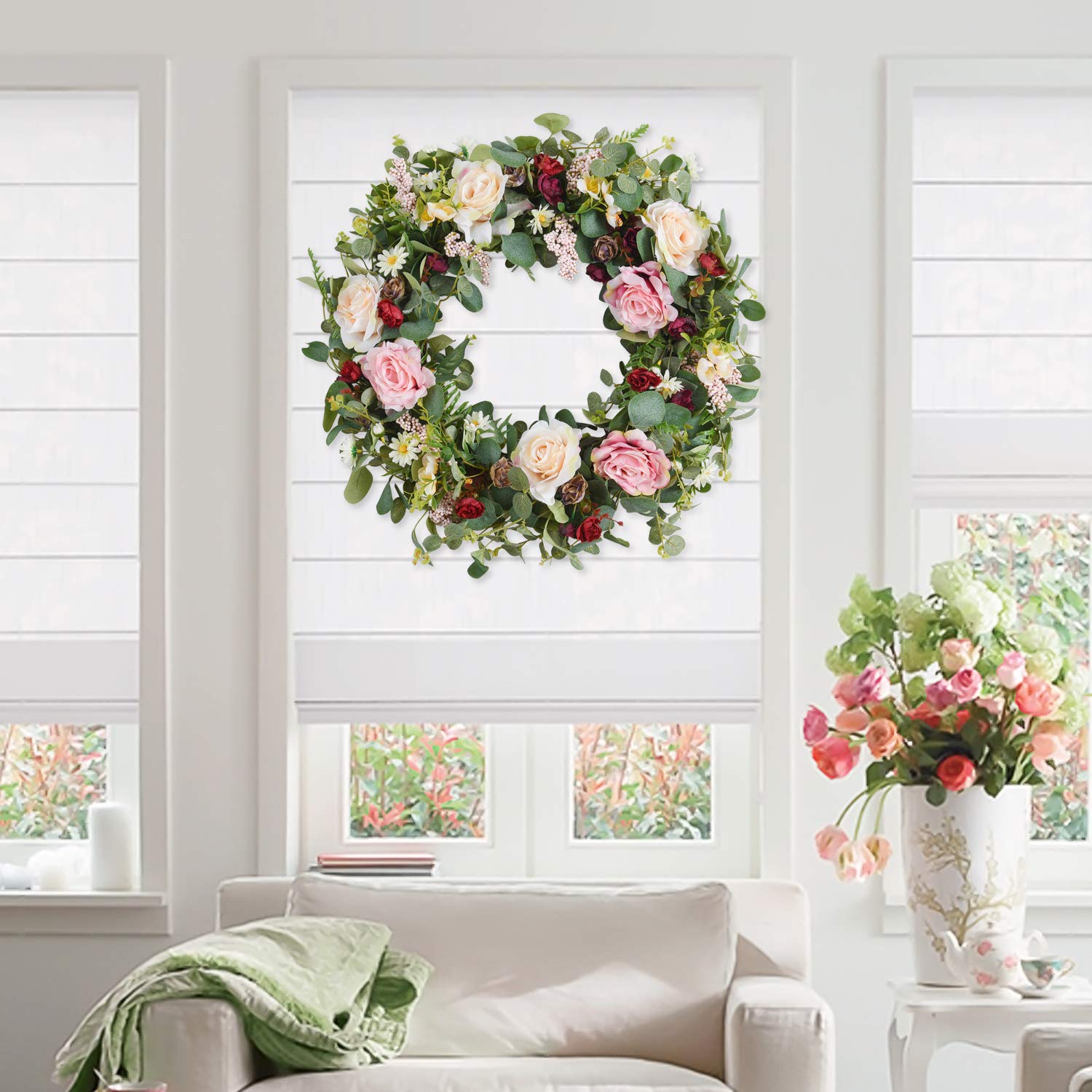 WANNA-CUL 24" Spring Artificial Rose Flower Wreath for Front Door,Pink and Wine Red Floral Door Wreath for Mother's Day with Eucalyptus Leaves for Wedding, Wall, Home Decorations