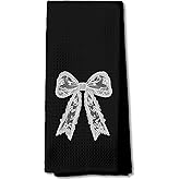 DOFQZ Coquette Lace Bow Print Kitchen Towels, Black and White Lace Bow Print Dish Tea Towels for Kitchen, Girly Aesthetic Hand Towels for Bathroom, Coquette Bathroom Decor, 16x24 Inch
