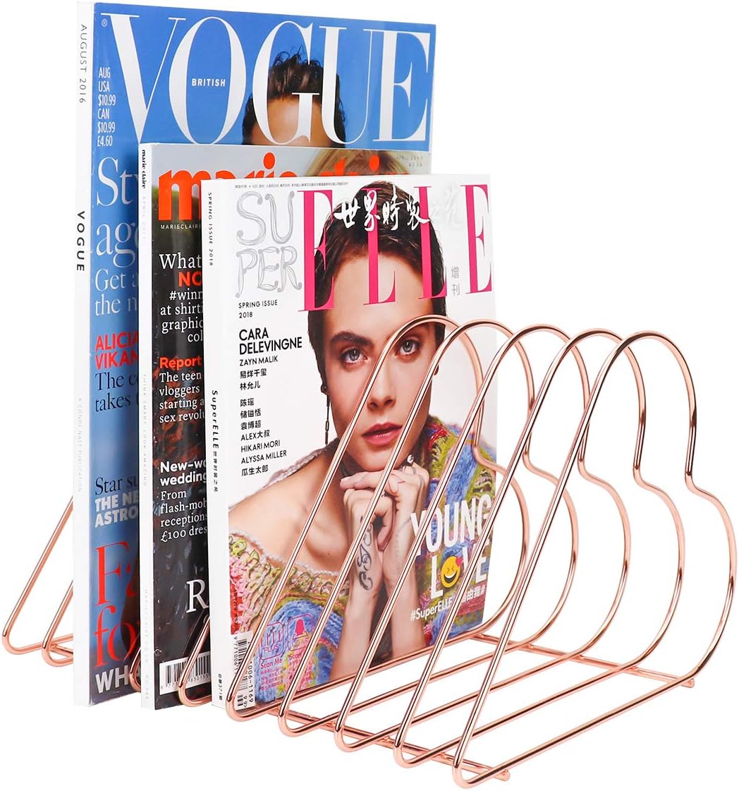 MORIGEM Magazine Rack, Newspaper Rack, File Folder Bookshelf, 9 Slots Letter Holder Book Display Metal Desk Accessories for Home Decor & Office Supplies (Rose Gold)