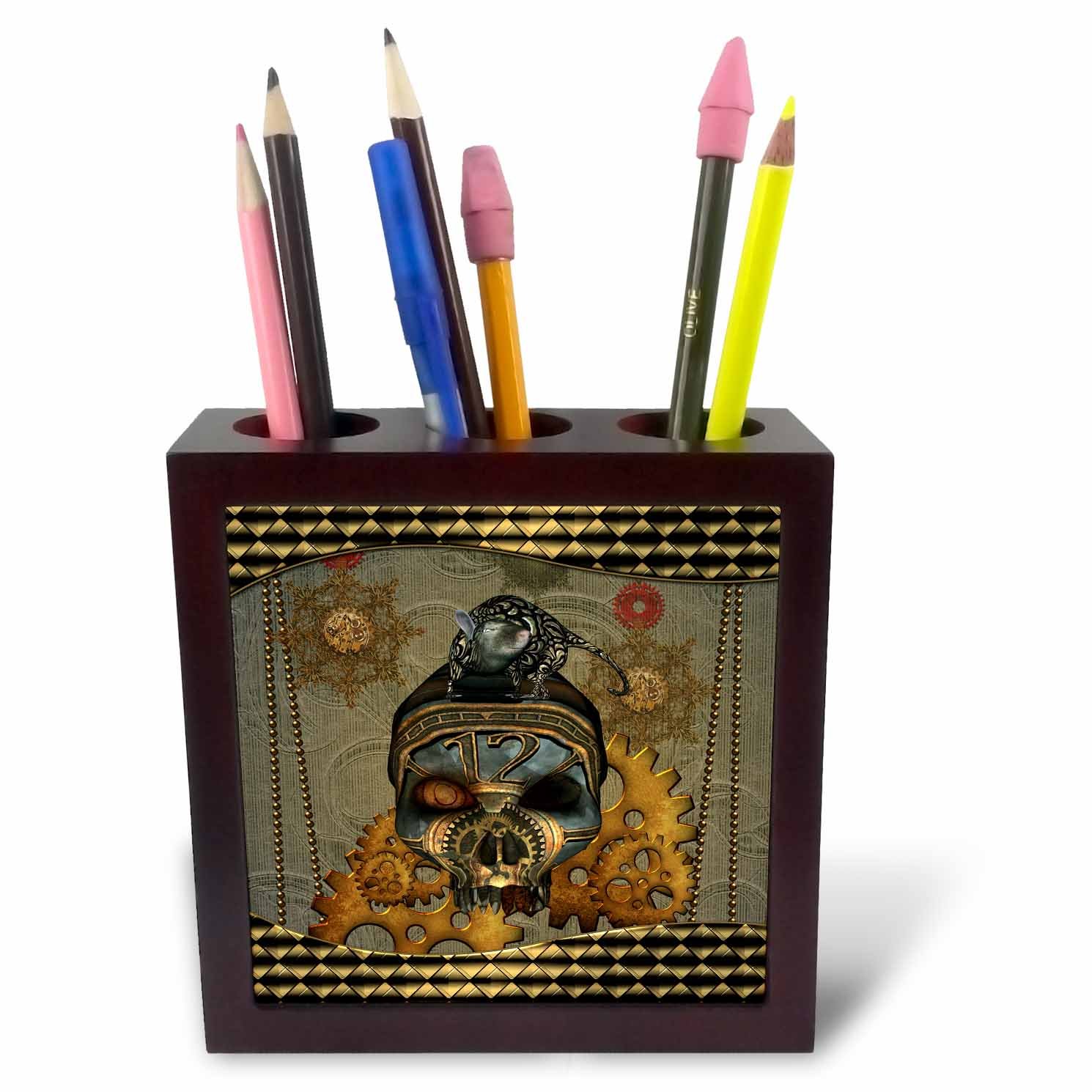 3dRose Skull with Steampunk Rat-Tile Pen Holder, 5-Inch (Ph_266371_1), 5 Inches