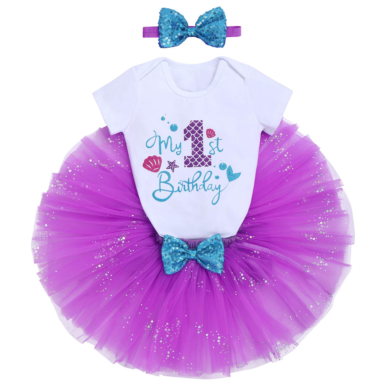 IMEKIS Baby Girls Mermaid 1st Birthday Outfit Romper Tutu Skirt Shiny Bowknot Headband Cake Smash Clothes Set for Photo Shoot
