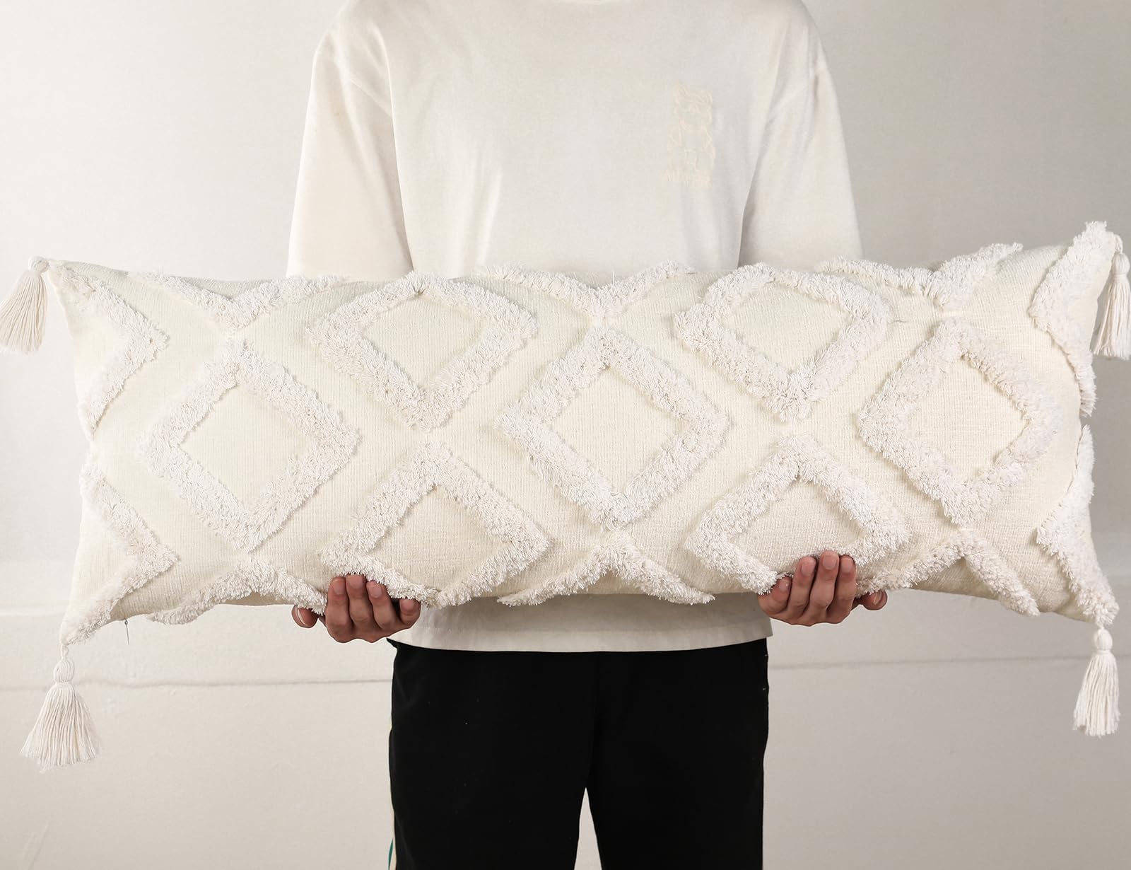 Photo 1 of PANOD Decorative Long Lumbar Pillow Cover 14x36 Boho,Super Soft Chenille Extra Long Lumbar Pillow Case Cover with Tassel for Bed Sofa Couch Farmhouse Livingroom,White,Modern Skinny