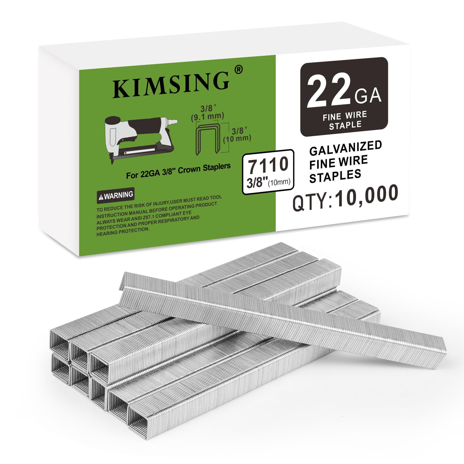 KIMSING 7110 22 Gauge Type 71 Galvanized Upholstery Staples, 10.8mm Crown 10mm Leg Length, 10,000pcs per Box, Fasteners for Fine Wire Stapler