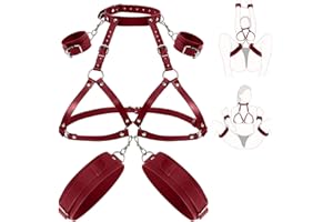 BDSM Sex Bondage Breast Restraints Thigh Sling, Leather Neck to Thigh Chest Restraints Harness Bed Restraints, Wrist & Thigh 