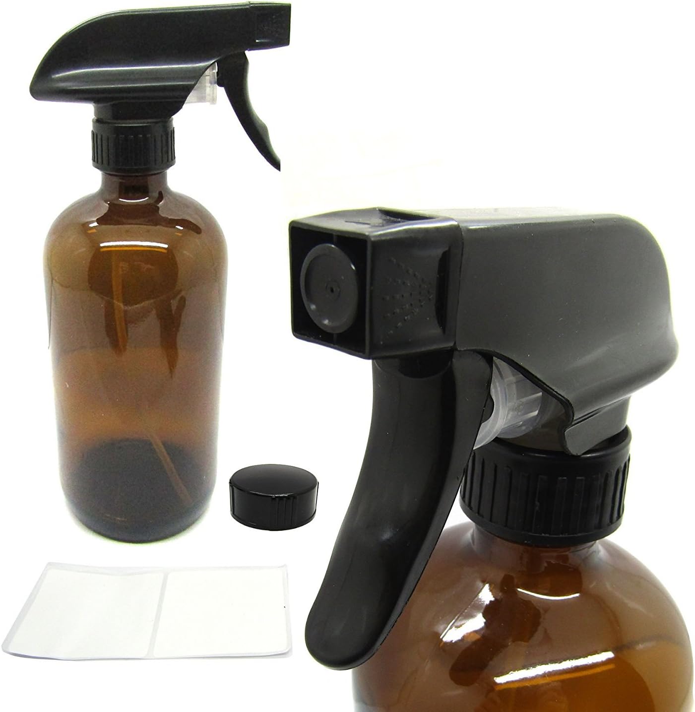 16oz Empty Amber Boston Round Glass Bottles (2Pack) with 2 two Function (Mist & Stream) Sprayer and 2 Storage Caps. Multipurpose Use : For Essential oil, Beauty Product