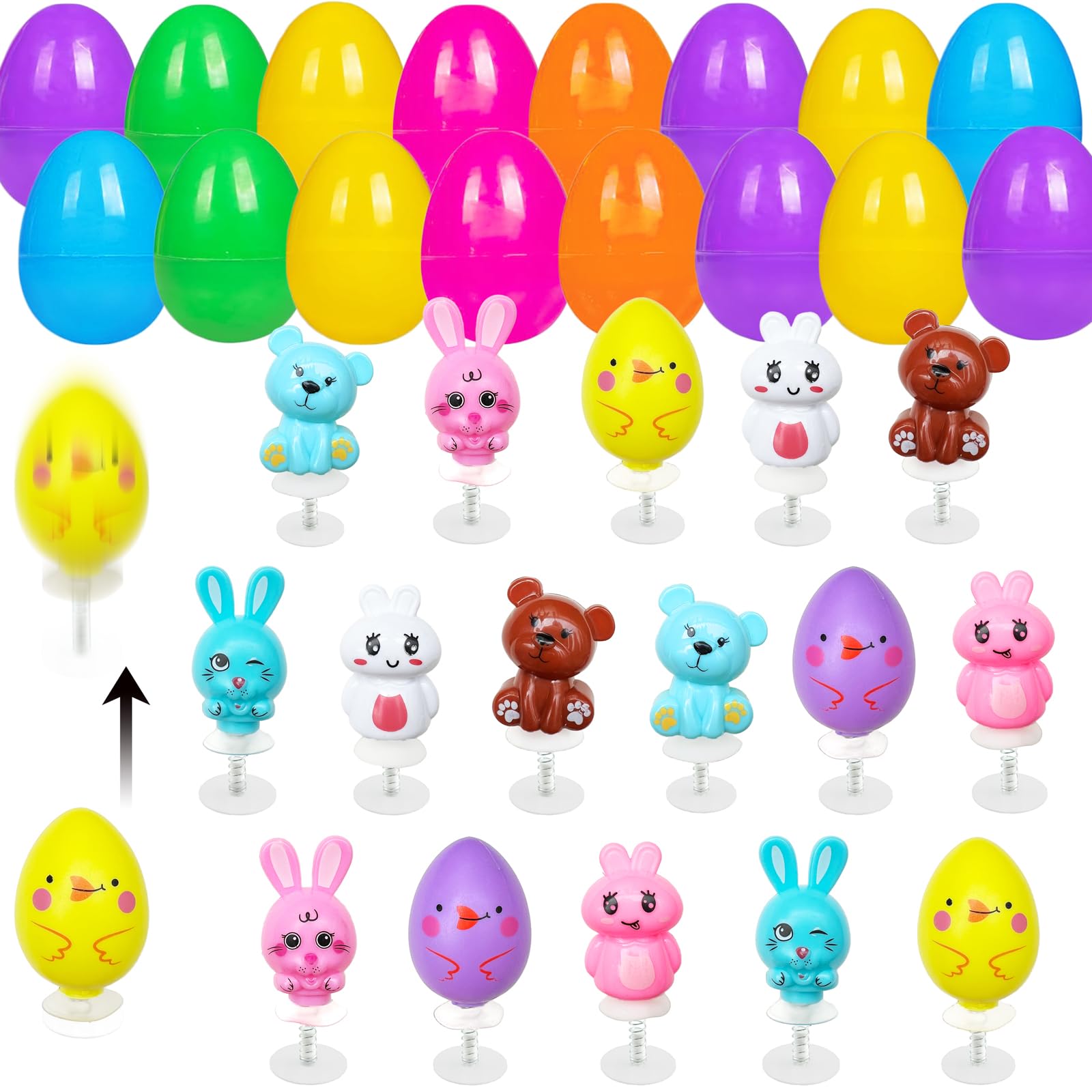 CHHOEAV 16 Pack Easter Jumping Popper Toys with Plactic Eggs, Easter Basket Stuffers Egg Fillers Gifts for Kids Boys Girls Party Favors
