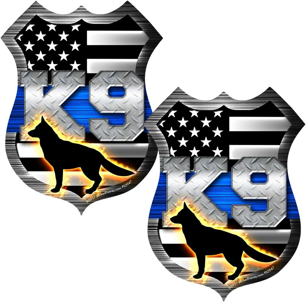 Thin Blue Line Stickers w/ K9 Dog Shield Decal (2 Pack - 3x5) Police Car American Flag Stickers for Cars - Back Window Decal, Dog Decals for Cars, Police K9 Dog Stickers for Cars #FS2047