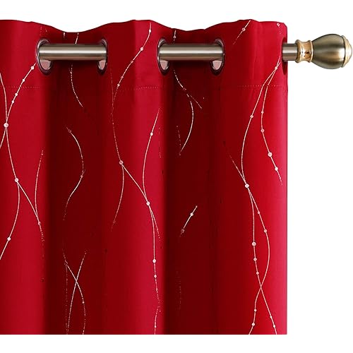 Deconovo Blackout Curtains Wave Line with Dots Foil Print Design Grommet Top Window Curtains for Bedroom 42 x 84 Inch Red 2 Panels