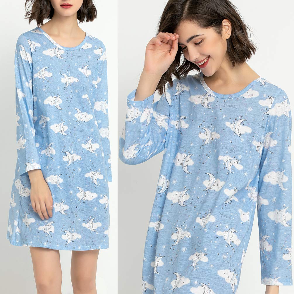 ENJOYNIGHT Women\'s Cotton Sleepwear Long Sleeves Nightgown Print Tee Sleep Dress (Large, Moon)