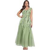 Ever-Pretty Plus Women's V-Neck Sequin Plus Size Formal Evening Dress A-Line Cap Sleeves Prom Dresses Ball Gowns