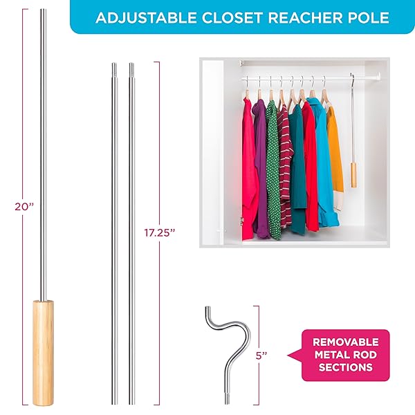 CLOSET REACHER POLE WITH HOOK AND WOODEN HANDLE, HEAVY DUTY – ADJUSTABLE 2.75-5 FEET, CHROME PLATED STEEL CLOTHING HANGER SHEPHERDS HOOK TO EASILY REACH CLOTHES ETC – PERFECT FOR COLLEGE DORM