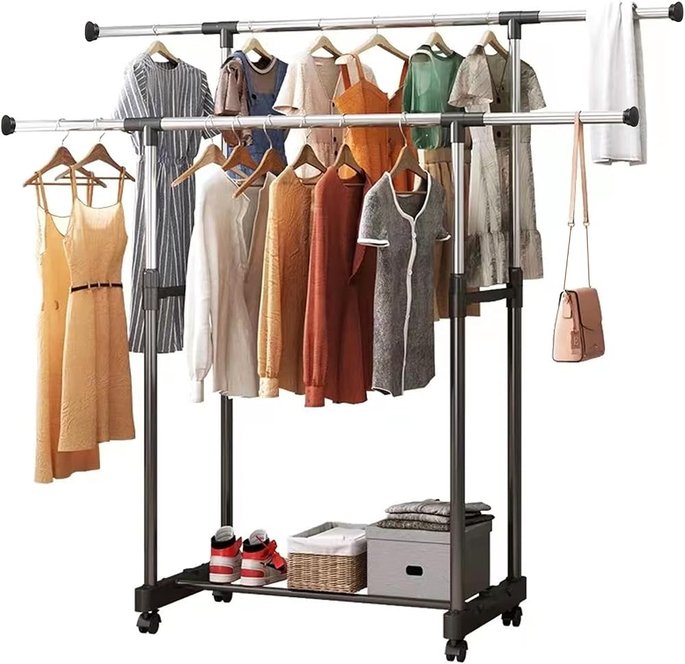 Vivo Technologies Double Rail Adjustable Tidy Rack Mobile Garment Rack