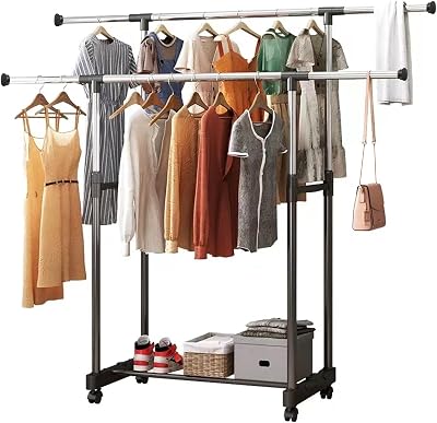 Vivo Technologies Double Rail Adjustable Tidy Rack Mobile Garment Rack