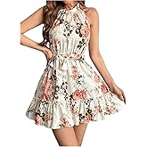 SOLY HUX Women's Elegant Floral Print Halter Dress Sleeveless Ruffle A Line Flowy Mini Dresses with Belt