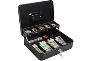 Lovndi Large Cash Box with Money Tray and Lock, Metal Money Box for Cash, Lockbox 11.8 x 9.5 x 3.54 Inches, Black