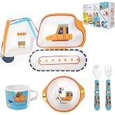 Bamboo Toddler Baby Plates and Bowls Set, 5Pcs Kids Plates Dinnerware Set | Toddler Dinnerware Plate Set, Kids Dishes Baby Feeding Set Include Divided Plate, Bowl,Tumbler and Utensils, Fits for Ages 3+