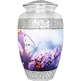 NANIURN Urn for Ashes for Women or Man, Cremation Urns for Human Ashes Adult Female and Male, Funeral Decorative Urns, Burial Urn, Hand Engraving, Blue Butterfly & Pink Flower - Large Full Size