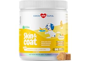 COCO AND LUNA Omega 3 Fish Oil for Dogs - Skin & Coat Supplement with Cod Liver Oil, Algae, EPA & DHA Fatty Acids for Dog Shedding, Itch Relief, Hot Spots, Skin Allergy, Joint & Heart Support - 90 Soft Chews