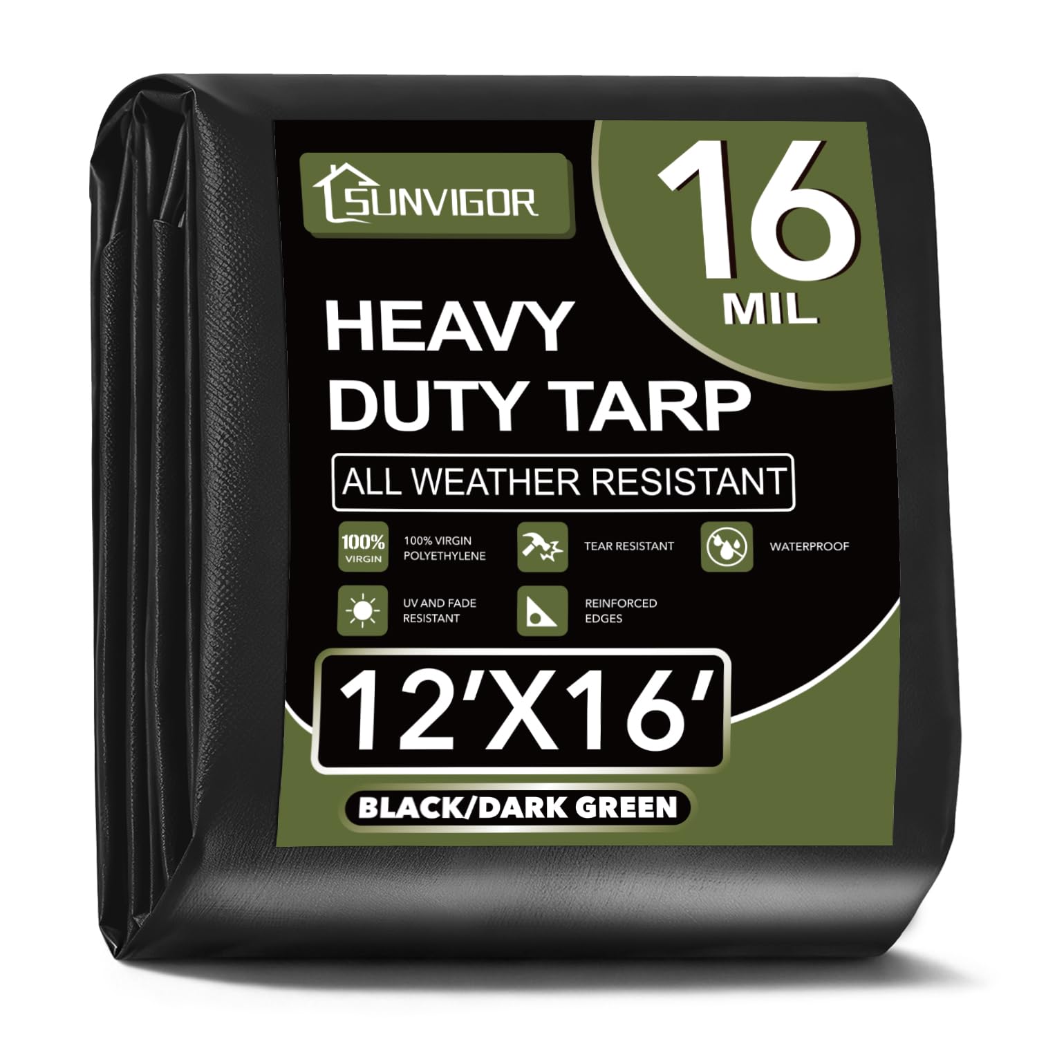 Sunvigor Tarp Waterproof 12x16Ft, Extra Thick 16 Mil Heavy Duty Tarp Cover, Tear & Fade Resistant, Outdoor Tarps with Brass Grommets and Reinforced Edges for Roof, Camping, Patio, Boat (Black/Green) Image