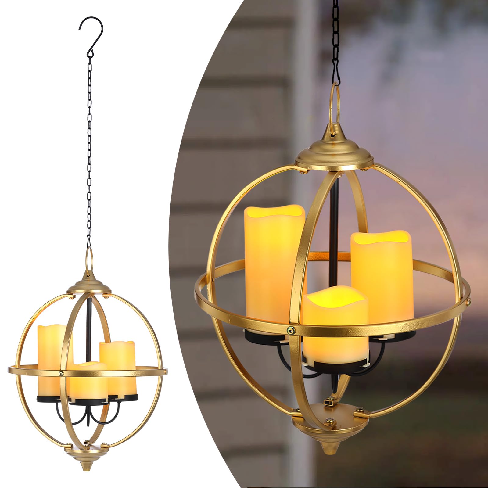 Photo 1 of ***Factory seal***

BAYN Battery Operated Outdoor Candle Chandelier - Gold and Black Metal Globe Hanging Pendant Light with 3 Flameless Candles, Waterproof Lights for Gazebo, Pergola, Garden, Porch & Backyard