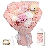 NOVEMBER SPRING Preserved Flowers Bouquet with Bear - 4 Real Forever Flowers for Delivery, Long-Lasting Pink Eteranl Roses Bouquet Birthday Gifts for Women, Mother, Wife, Her