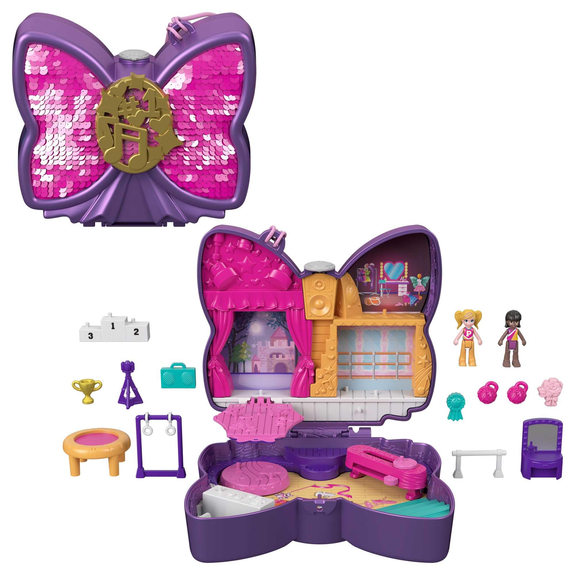 Polly Pocket Doll and Accessories, Compact with Micro Polly and Friend Dolls, 5 Reveals, Dance-Themed Sparkle Stage Bow, HCG17