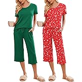 Ekouaer 2 Pack: Women's Pajamas Set Short Sleeve Sleepwear Capri Pants Pjs Soft Loungewear with Pockets