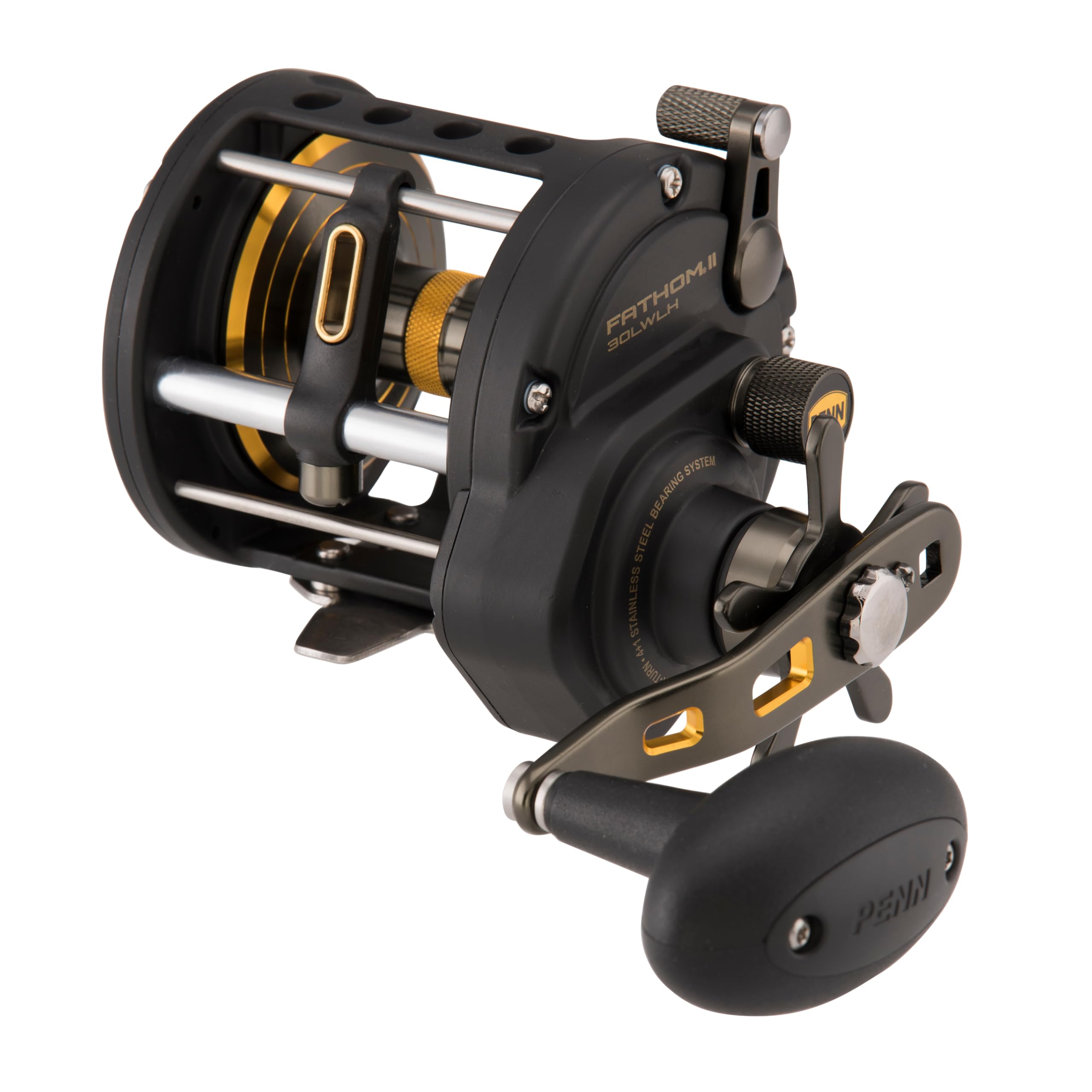 PENN Fathom® II Level Wind, Saltwater Fishing Reel, Conventional Reels, Sea - Nearshore/Lake Fishing, Shore and Kayak Fishing, Unisex, Black Gold, 30 | Left Hand